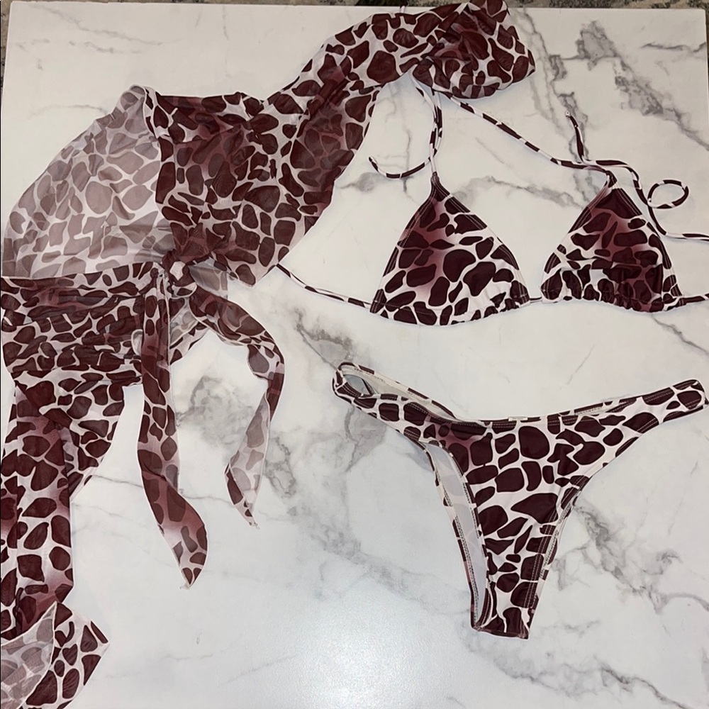Brown and White Bikini Set with Cover-Up